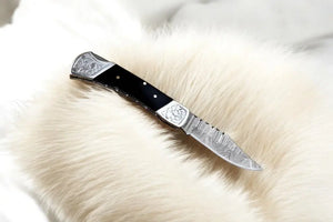 Custom Handmade Damascus Pocket Knife with Buffalo Horn Handle Damascus Knife Store