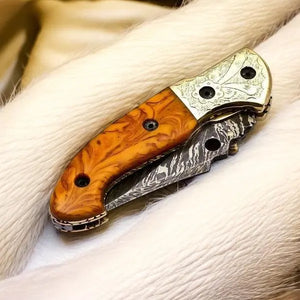 Custom Handmade Damascus Pocket Knife with Epoxy Resin Handle Damascus Knife Store