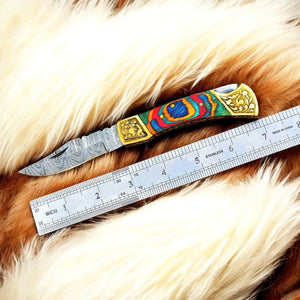 Custom Handmade Damascus Pocket Knife with Multi-Color Wood Handle Damascus Knife Store