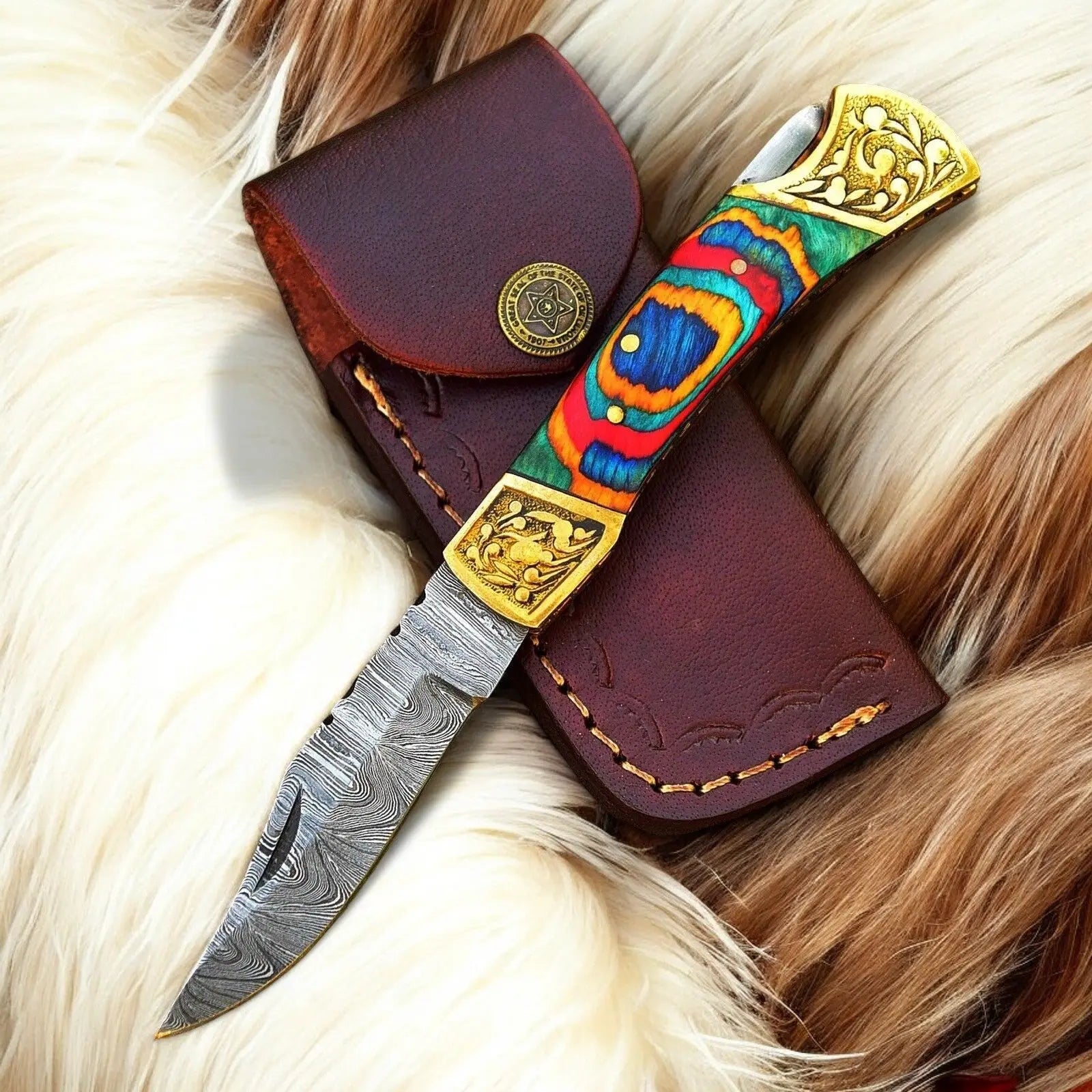 Custom Handmade Damascus Pocket Knife with Multi-Color Wood Handle Damascus Knife Store