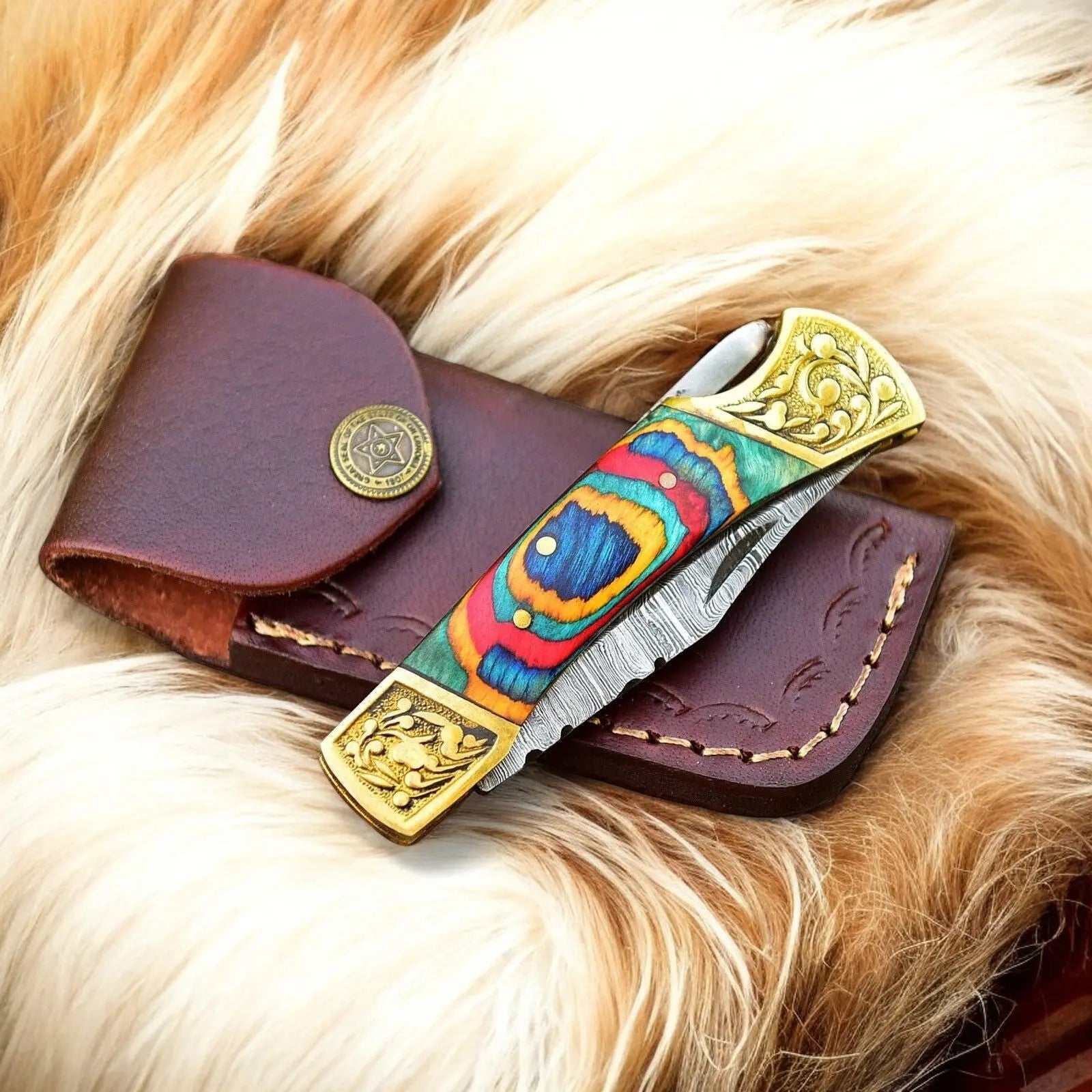 Custom Handmade Damascus Pocket Knife with Multi-Color Wood Handle Damascus Knife Store