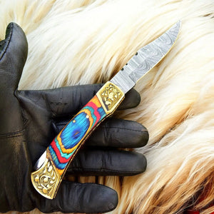 Custom Handmade Damascus Pocket Knife with Multi-Color Wood Handle Damascus Knife Store