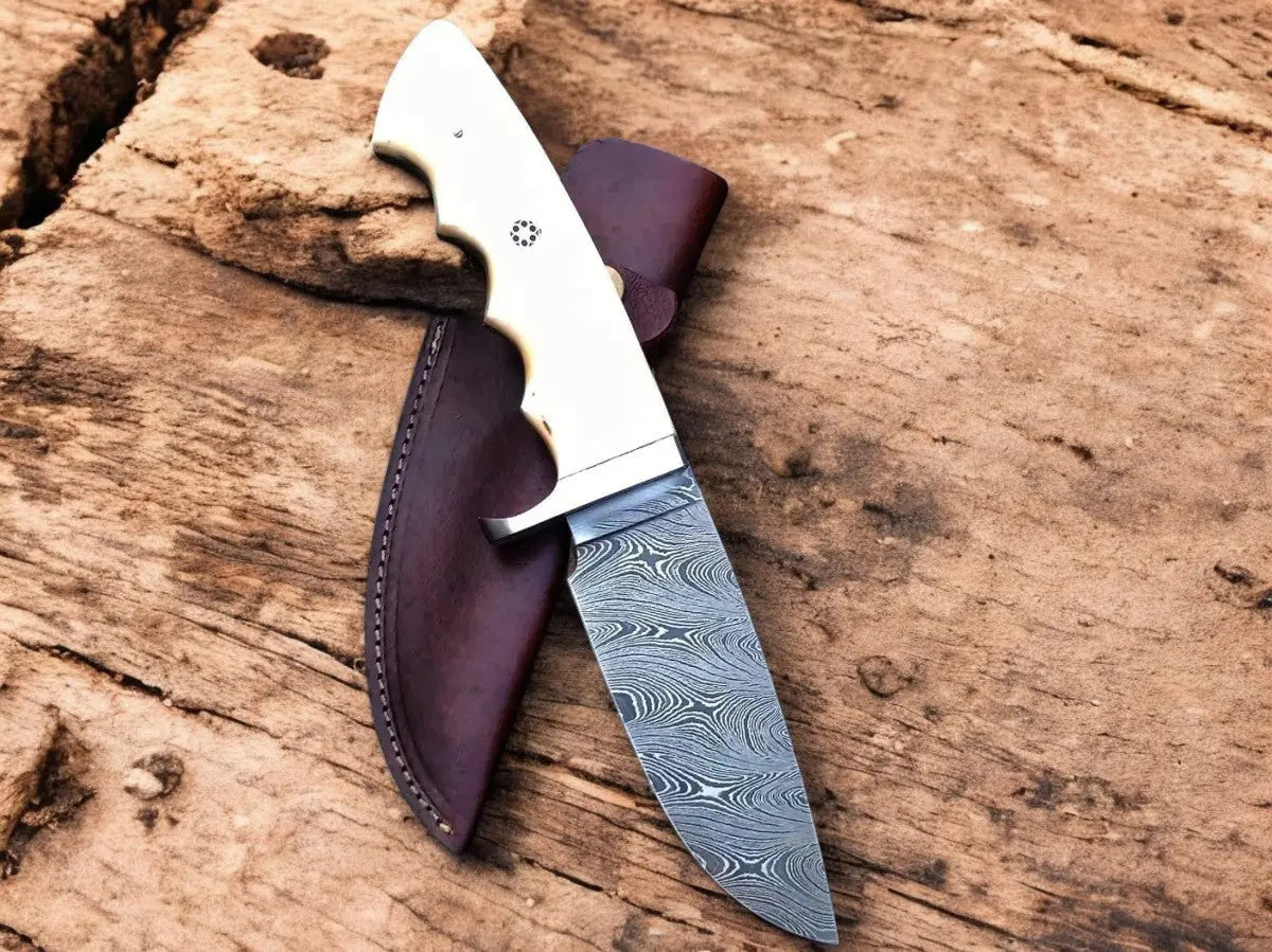 Custom Handmade Damascus Skinning Knife – Bone Handle Damascus Knife Store