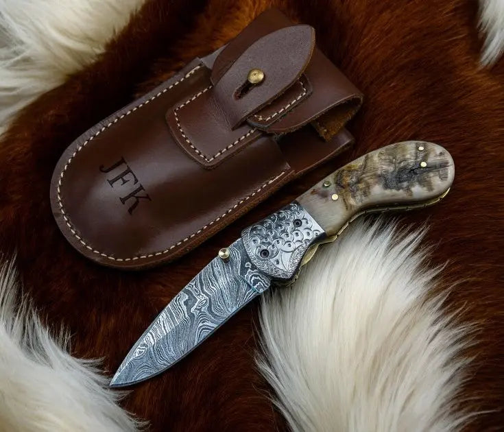 Custom Handmade Damascus Steel Pocket Knife – Sheep Horn Damascus Knife Store