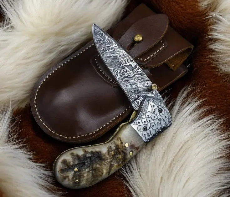 Custom Handmade Damascus Steel Pocket Knife – Sheep Horn Damascus Knife Store