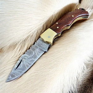Custom Handmade Damascus Steel Pocket Knife with Rosewood Handle Damascus Knife Store