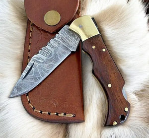Custom Handmade Damascus Steel Pocket Knife with Rosewood Handle Damascus Knife Store