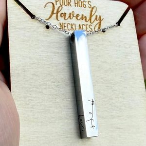 Custom Handwriting Necklace, Engraved Keepsake Gift, Stainless Steel Bar, 4 Sides Poor Hog Customs