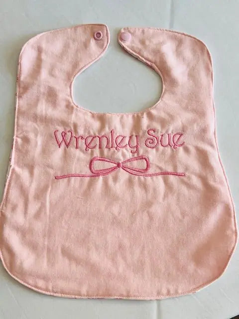 Personalized Pink Baby Bib - Wrenley Sue, Handmade Bib with Bow, Main Street Collective