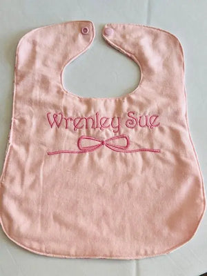 Personalized Pink Baby Bib - Wrenley Sue, Handmade Bib with Bow, Main Street Collective