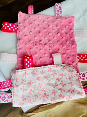 Custom Taggy Blanket: Pink Sensory Toy for Baby | Handmade & Customizable