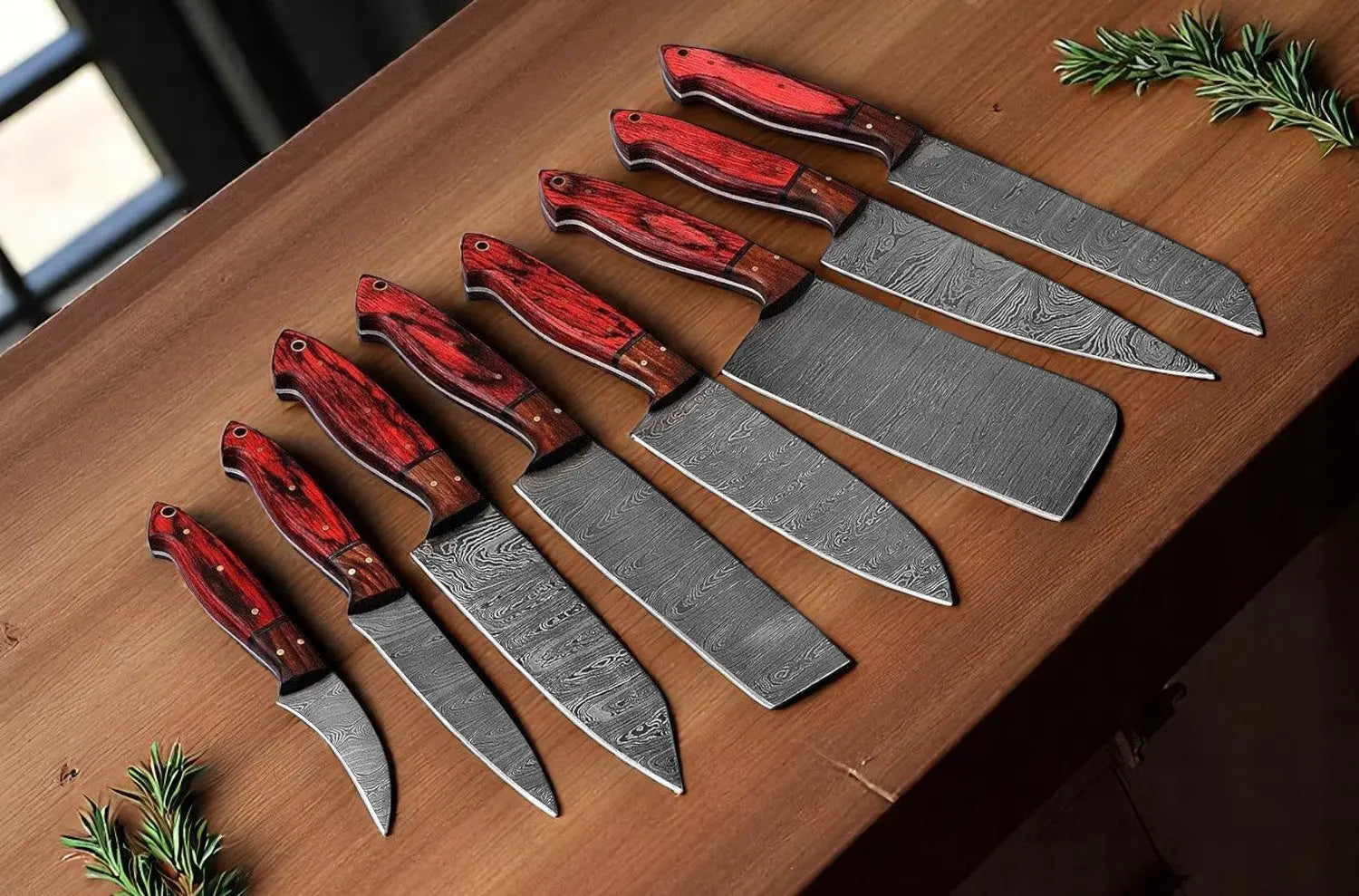 Cutting Knife Set – 8-Piece Full Tang Damascus Steel Collection Damascus Knife Store
