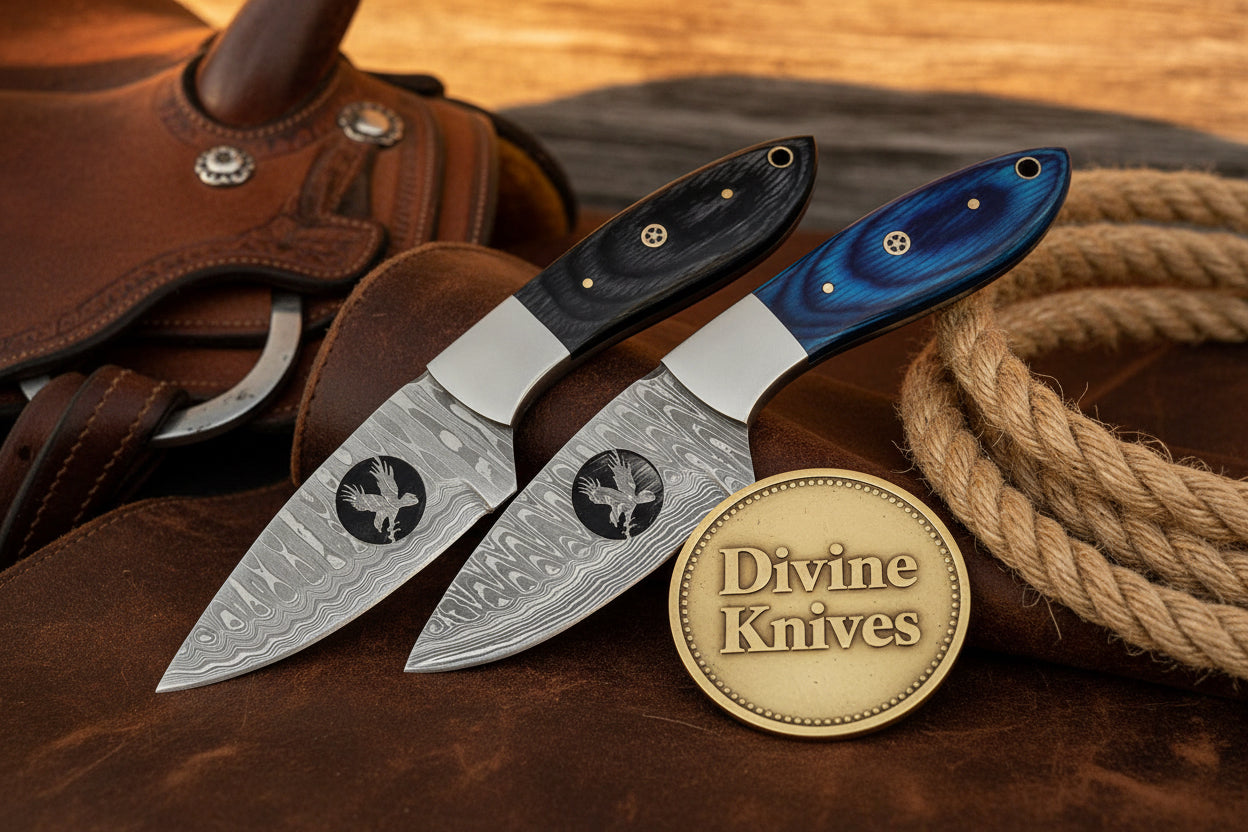 Eagle Cutout Skinner Knife with Wood Grain Damascus Blade