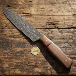Redline Damascus Gyuto Knife with Wood Grain Blade and Red Accent Handle