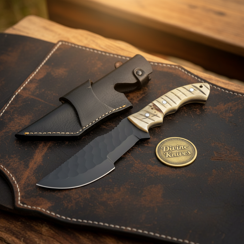 Black Forged Bushcraft Tracker Knife with Carved Handle for Outdoor Work by Divine Knives — product view 2