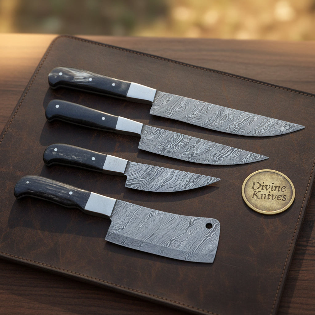 Buffalo Horn Damascus Butcher Chef Knife Set by Divine Knives