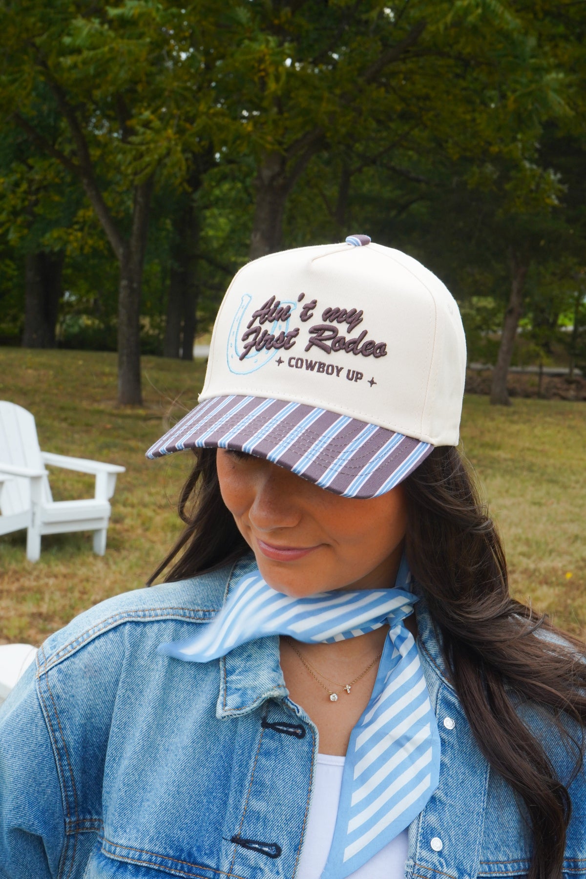 Ain't My First Rodeo - Chocolate Stripes Trucker Hat by KenzKustomz — product view 1