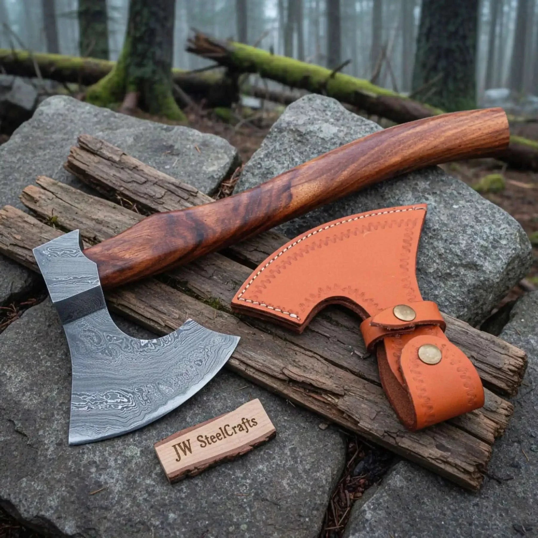 Damascus steel axe head with wood handle on rustic wood surface