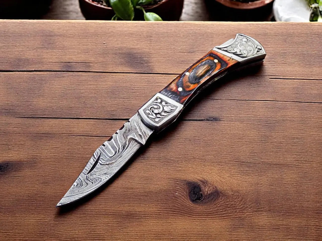 Damascus Folding Knife with Exotic Wood Handle Damascus Knife Store