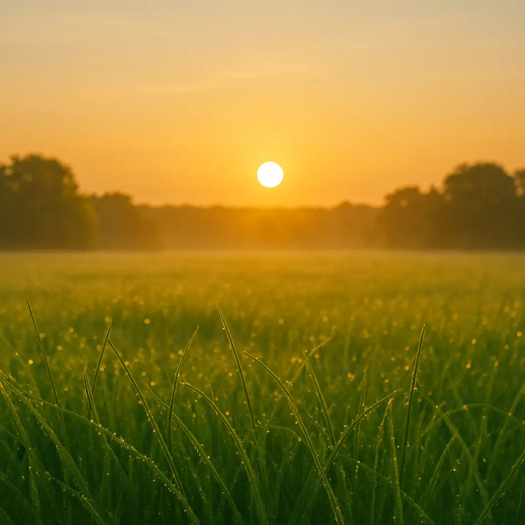 Sunrise over grassy field with dew drops, capturing a fresh morning scene.