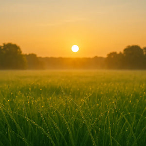 Sunrise over grassy field with dew drops, capturing a fresh morning scene.