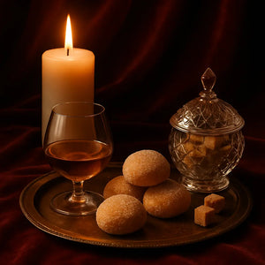 Candle, glass, sweets, sugar bowl, and brass tray still life. Dark red background.