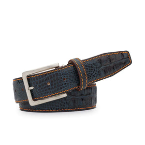 Denim Mock Croc Leather Belt by Roger Ximenez: Bespoke Belts and Leather Accessories, handmade leather goods main product photo