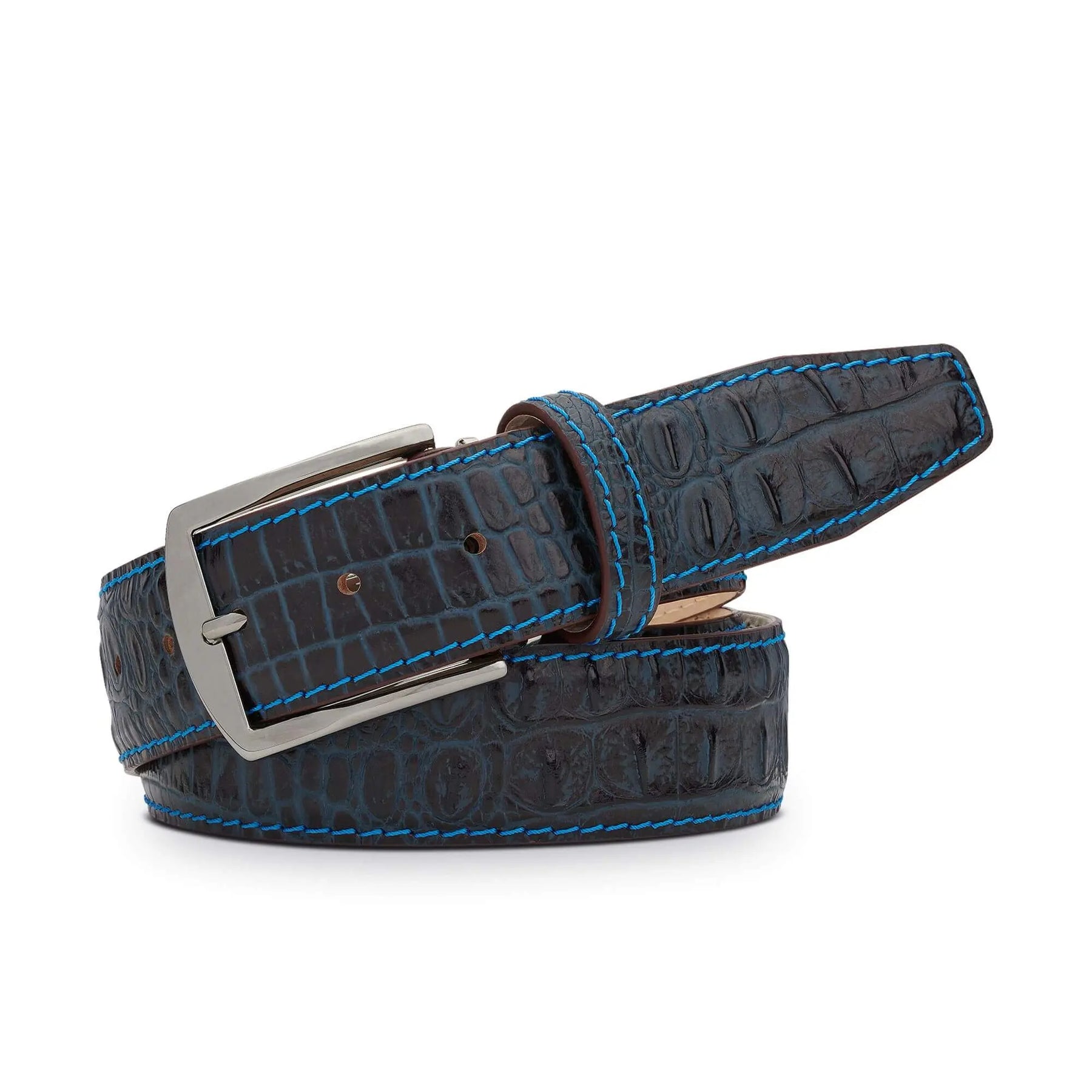 Denim Mock Croc Leather Belt by Roger Ximenez: Bespoke Belts and Leather Accessories, handmade leather goods detail photo 2