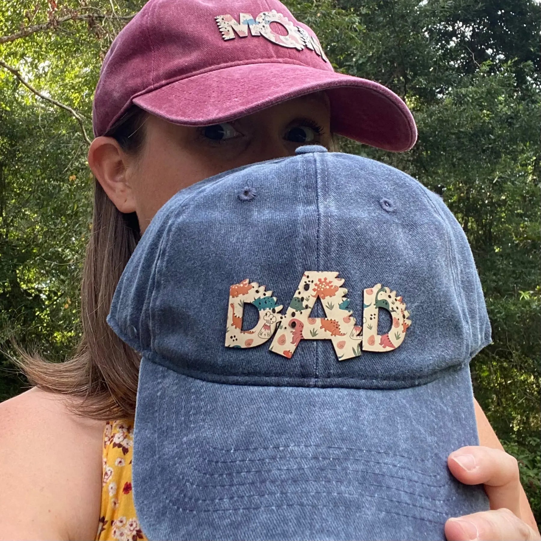 Dino Family Hats – MOM & DAD Edition | Leatherette Dinosaur Patch Baseball Caps Poor Hog Customs