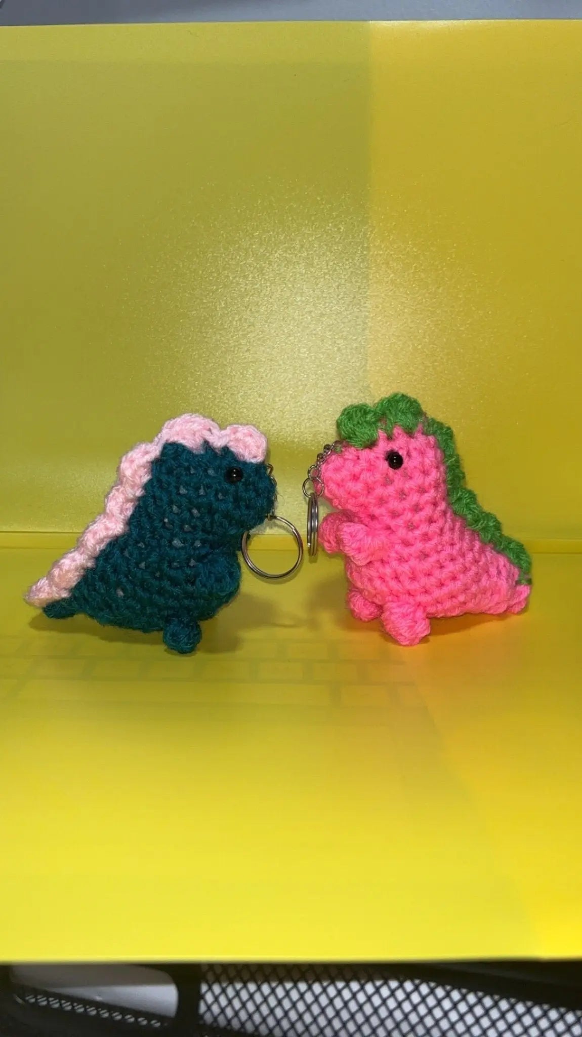Crochet Dinosaur Keychains: Handmade pink & green, teal & pink dino keyrings by Main Street Collective