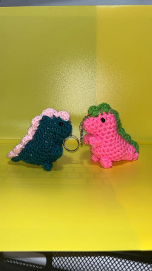 Crochet Dinosaur Keychains: Handmade pink & green, teal & pink dino keyrings by Main Street Collective