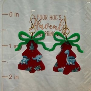 Dinosaur Christmas Tree Earrings: Red Tree with Green Bow, Holiday Dino Jewelry