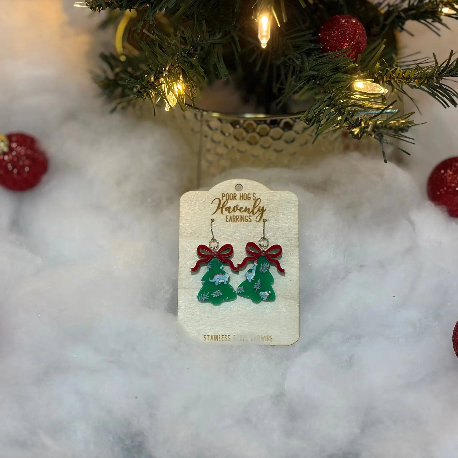 Dinosaur Christmas Tree Earrings: Red/Green Holiday Jewelry