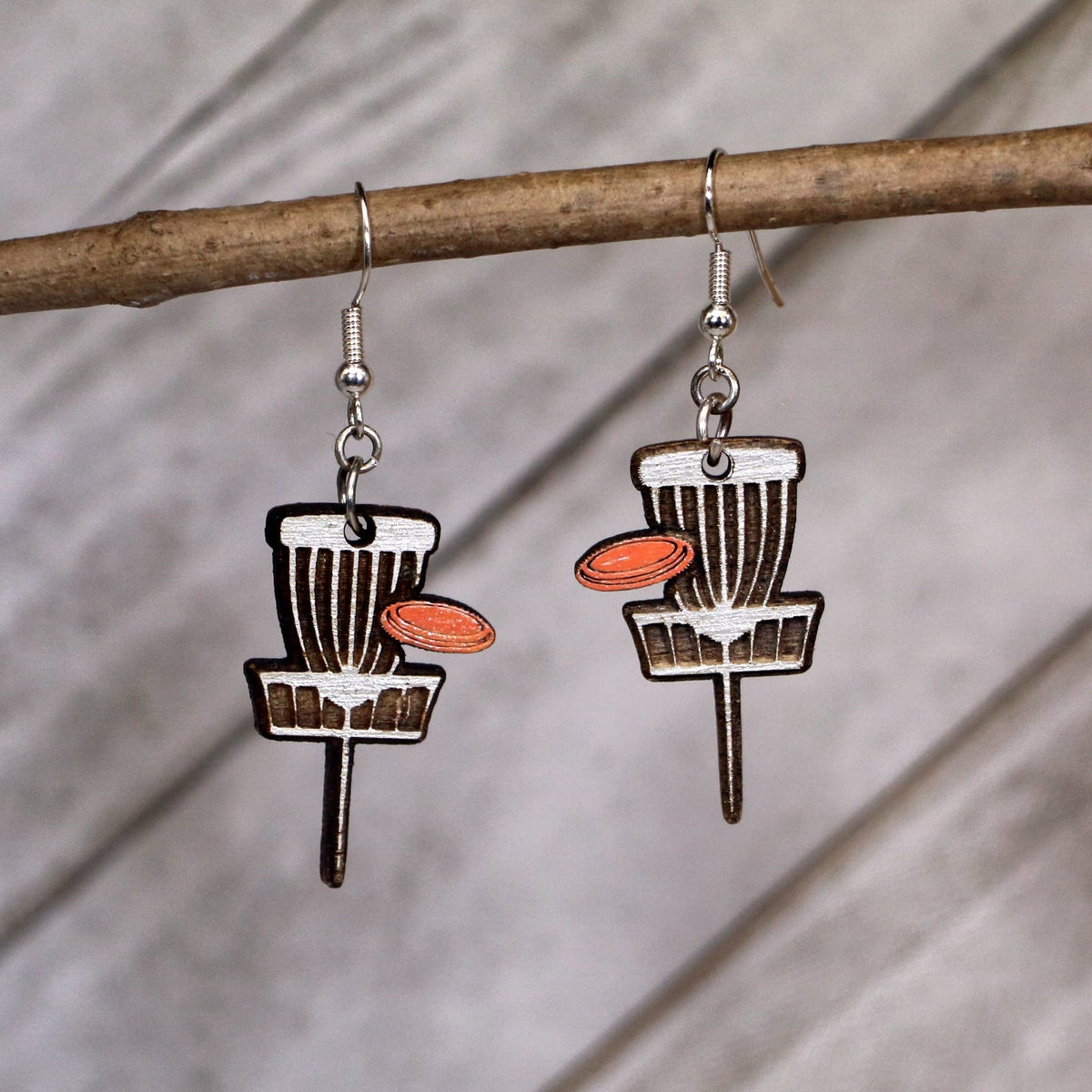 Disc Golf Basket Wooden Dangle Earrings | Disc Golf Jewelry Gift detail view by Cate's Concepts, LLC