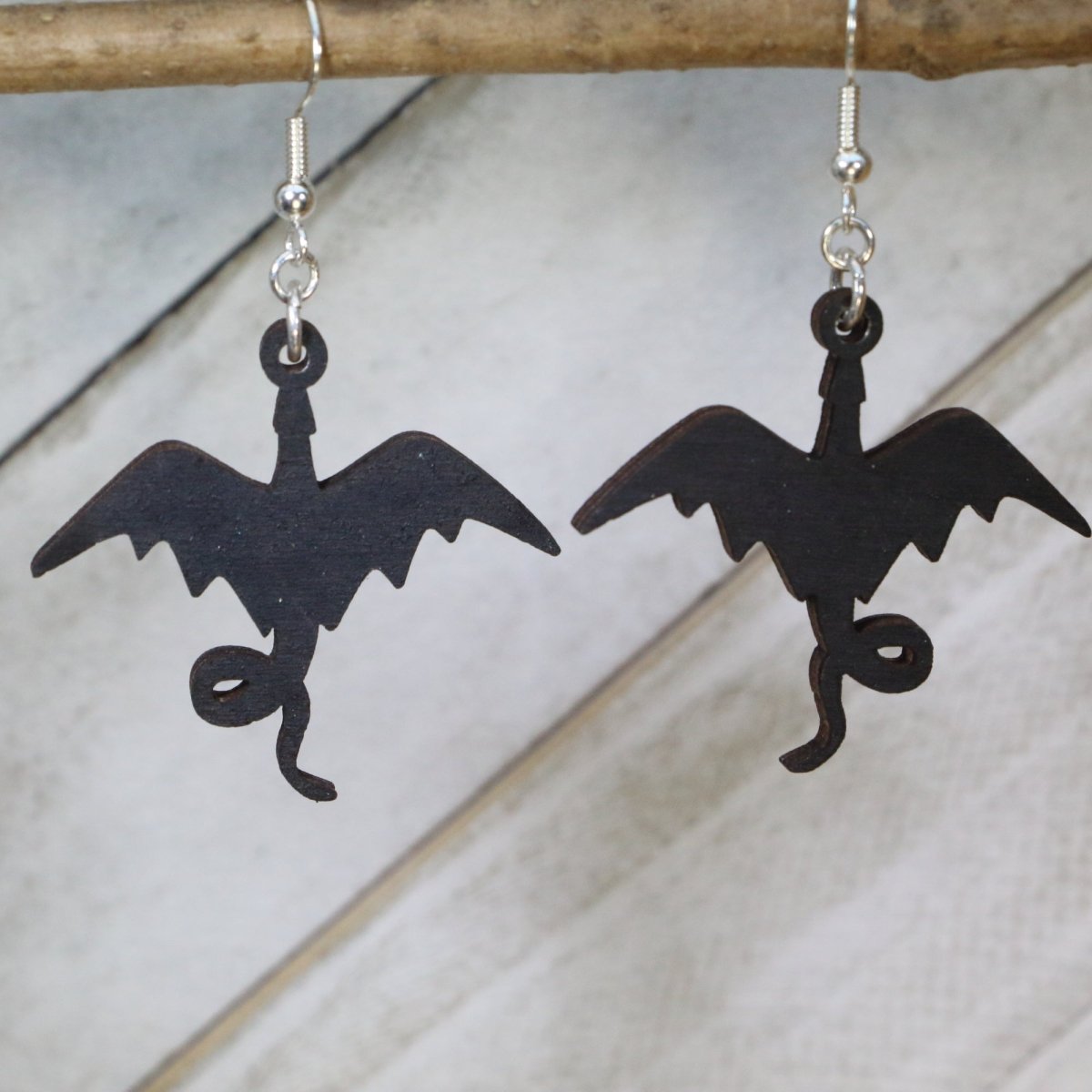 Dragon Silhouette Wooden Dangle Earrings | Fantasy Jewelry
