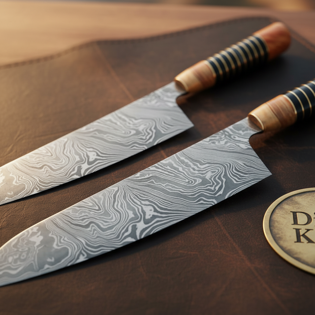 Olive Wood & Buffalo Horn Damascus Chef Knife by Divine Knives — detail view 2