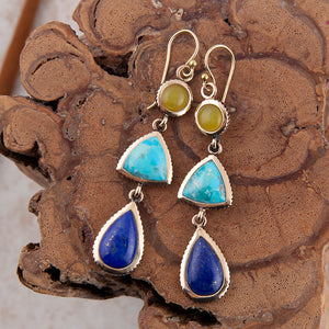Yellow Quartz and Blue Turquoise Golden Drop Earrings