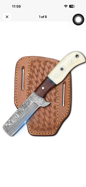 Bone and Wood Bull Cutter Knife with Wood Grain Damascus Blade