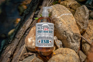 ESB Craft Beer Soap in a clear pump bottle with a white label featuring red bicycle.