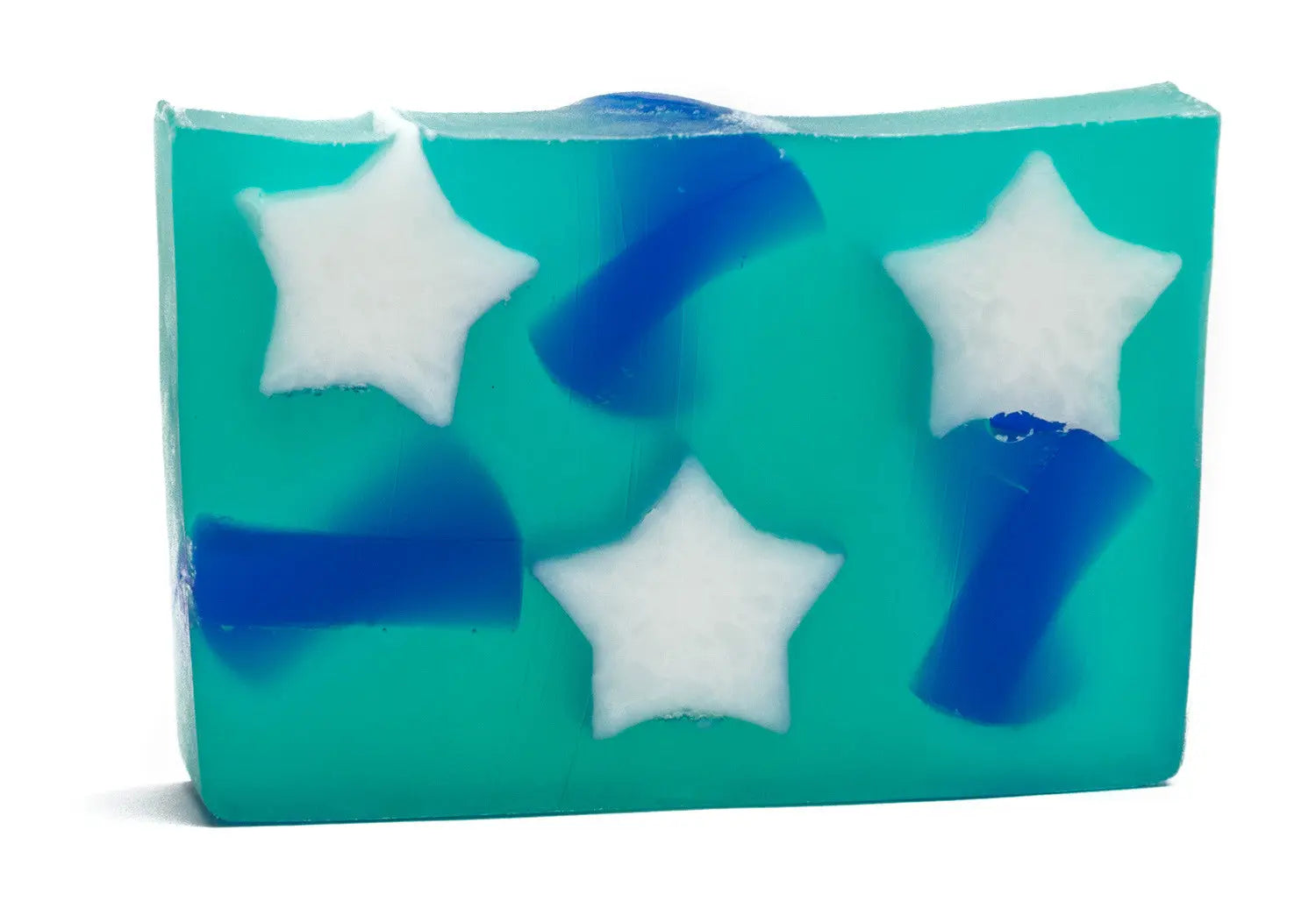 Translucent teal bar soap with white stars and blue bar embeds