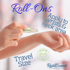 Hand applying ResilScents roll-on fragrance to wrist; bottle, text 'Roll-ons, Travel Size', and 'For All Skin Type' also visible.