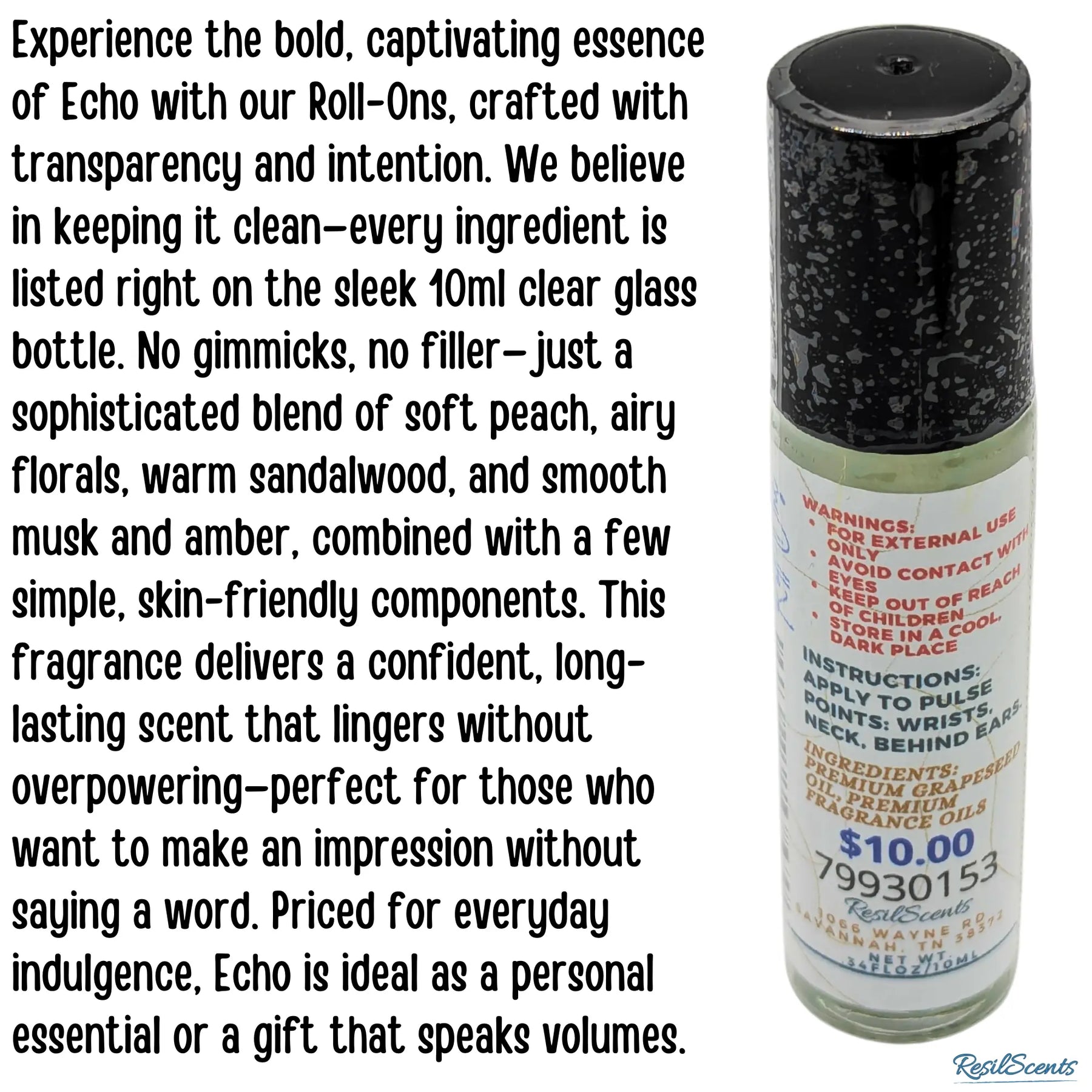 Echo roll-on perfume bottle with product information and ingredients label.