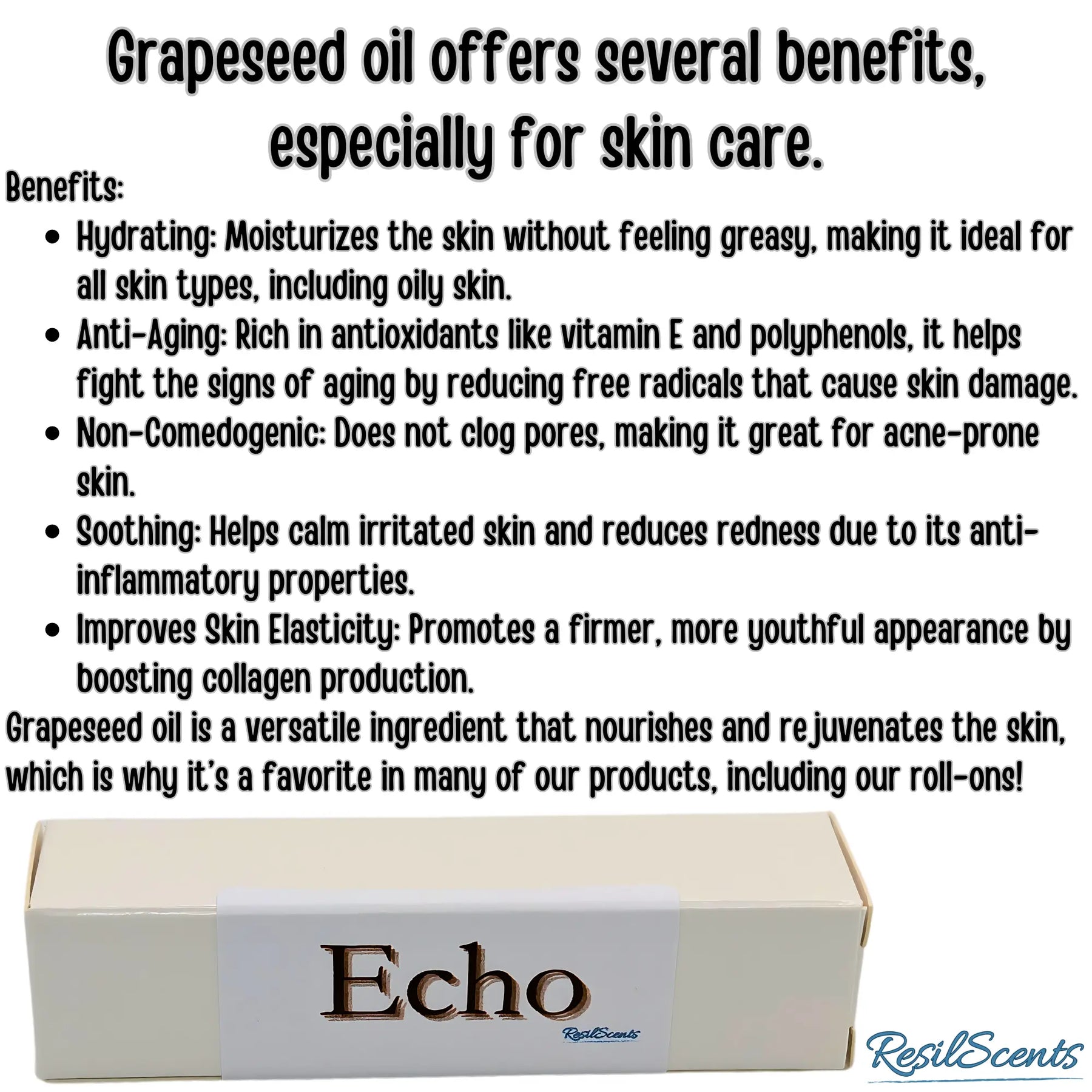 Grapeseed oil benefits for skin, product information about ResilScents "Echo" roll-on oil, box included