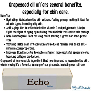 Grapeseed oil benefits for skin, product information about ResilScents "Echo" roll-on oil, box included