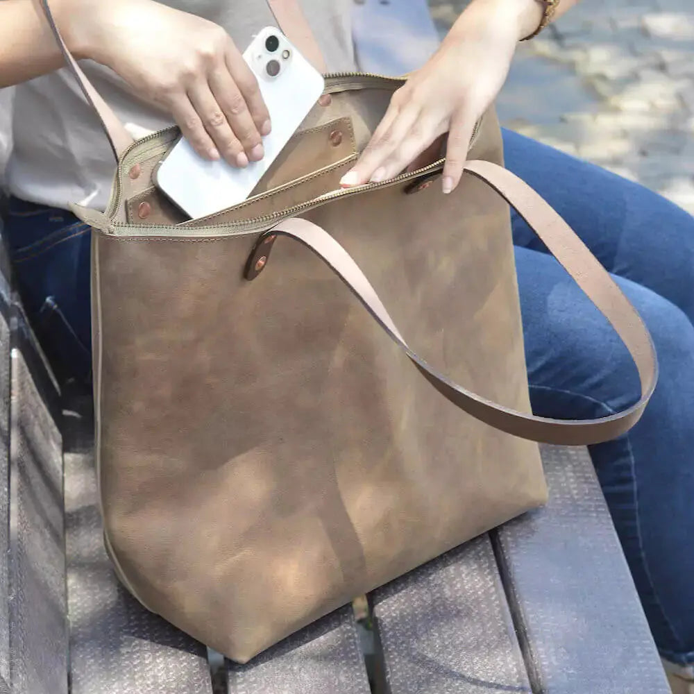Eden LARGE Leather Tote Bag - Zippered Mission Mercantile Leather Goods