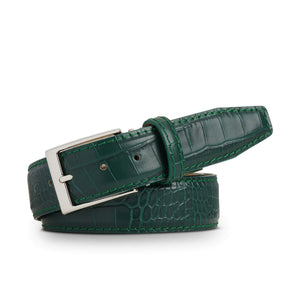 Close up of emerald mock croc leather belt texture and finish