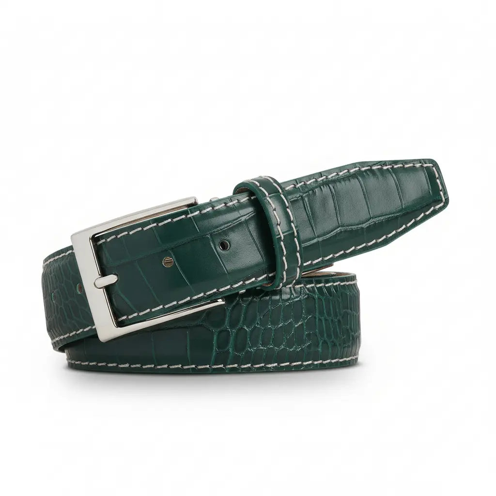 Emerald mock croc belt showing handmade leather craftsmanship
