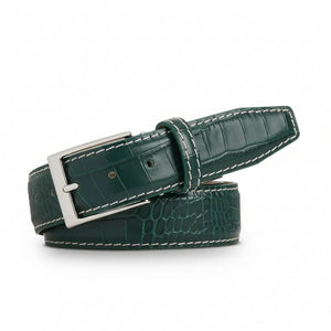 Emerald mock croc belt showing handmade leather craftsmanship