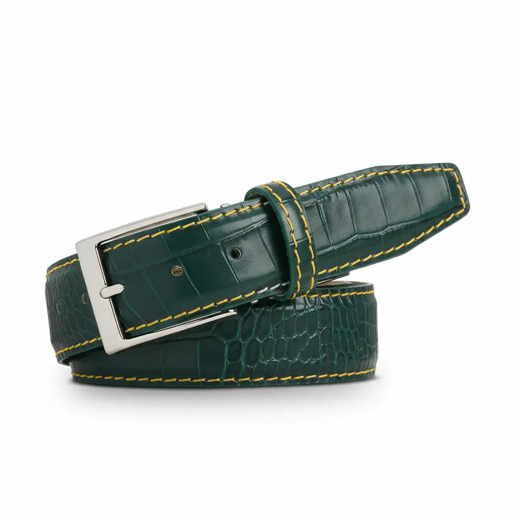 Statement green leather belt with mock croc texture by Roger Ximenez