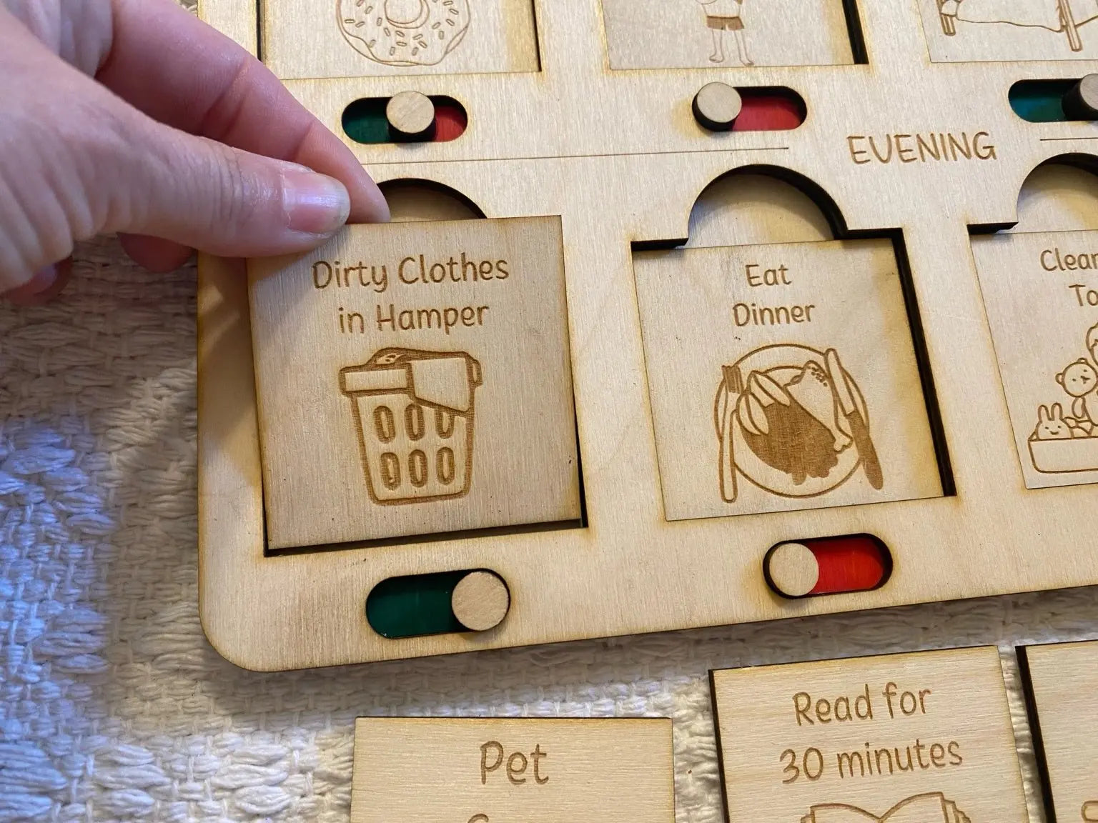 Wooden Kids Chore Chart: "Dirty Clothes in Hamper" evening routine on a daily schedule tracker board